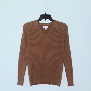 Kim Rogers Brown Long Sleeve V-Neck Cable Knit Pullover Sweater